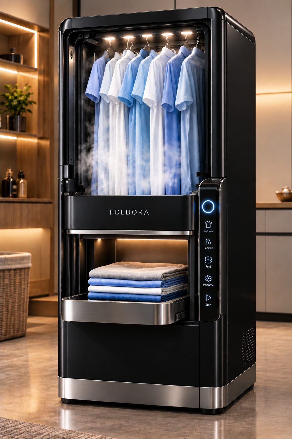 Black FOLDORA refreshing shirts with folded clothes in the tray