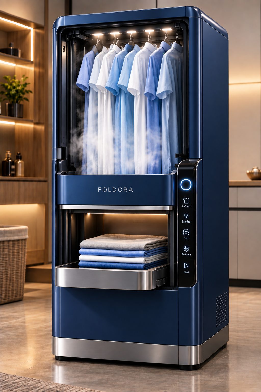 Midnight Blue FOLDORA refreshing shirts with folded clothes in the tray