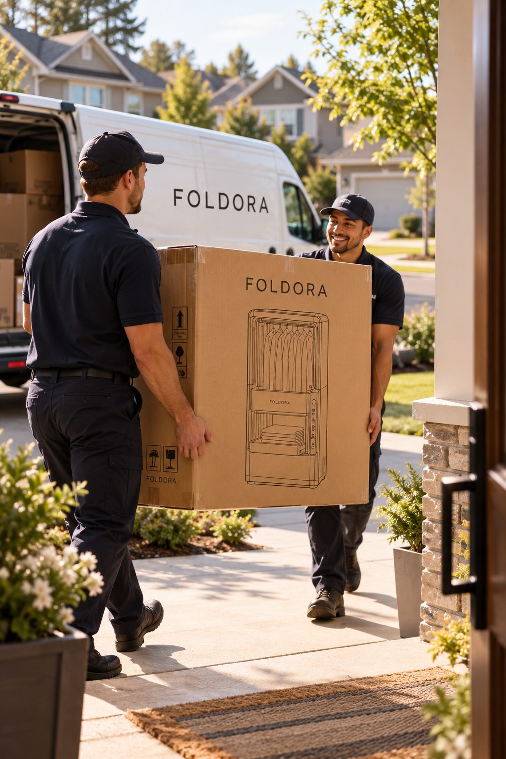 Delivery team carrying a FOLDORA box to a front door