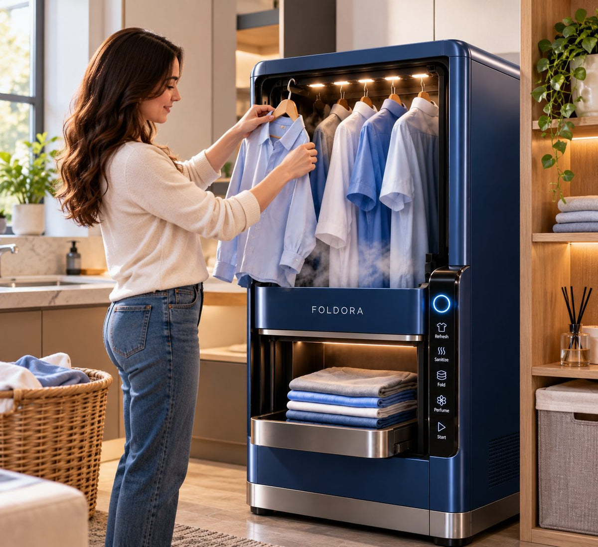 Woman hanging shirts in a Midnight Blue FOLDORA