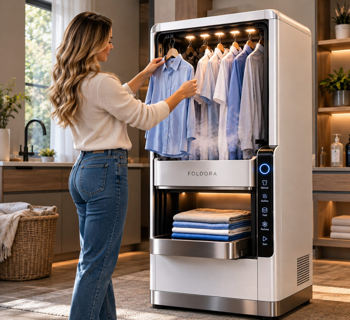 Woman hanging a shirt in a white FOLDORA