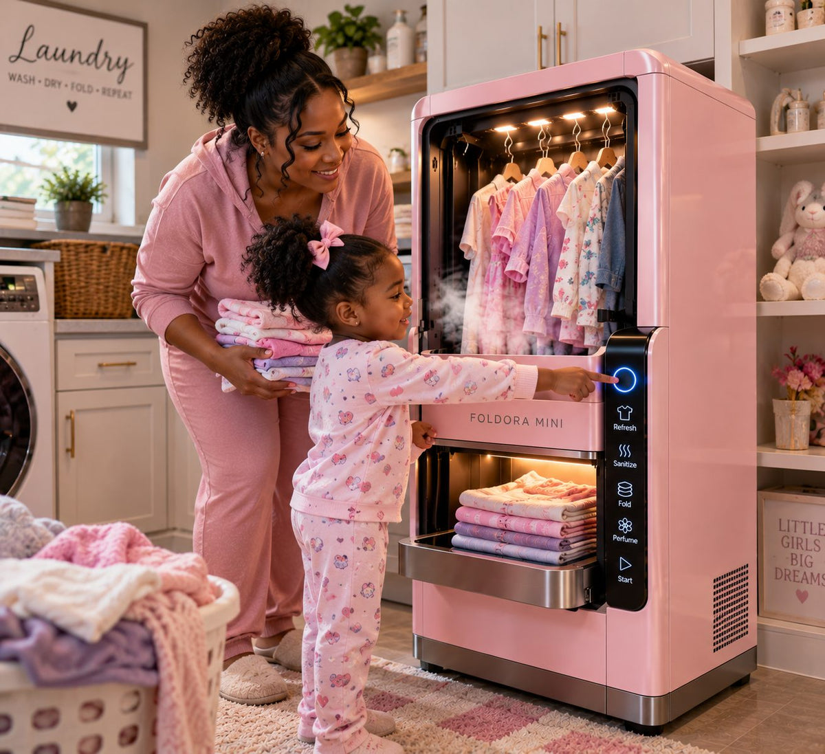 Mother and daughter using a pink FOLDORA Mini