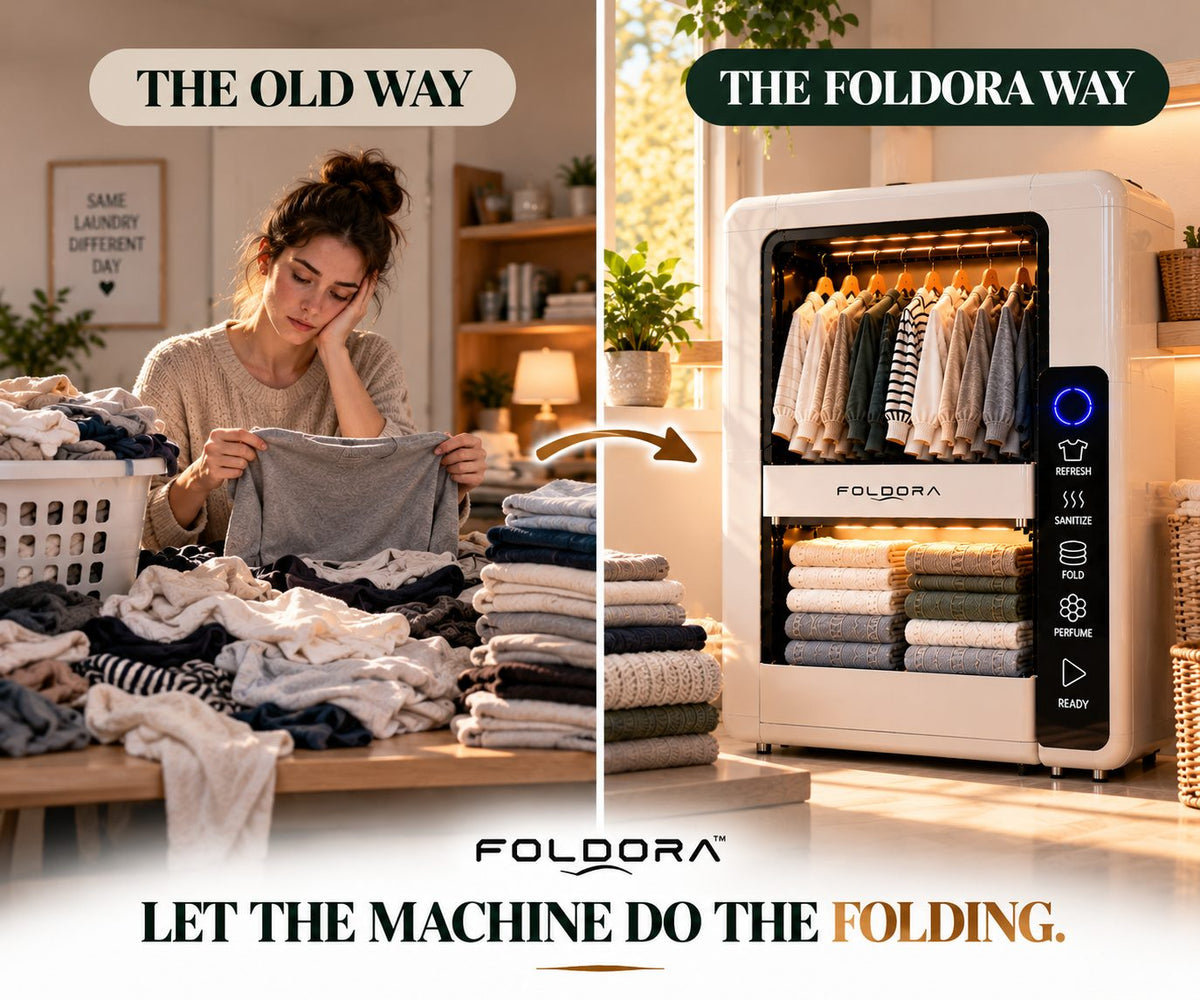 The old way of folding laundry compared with the FOLDORA way