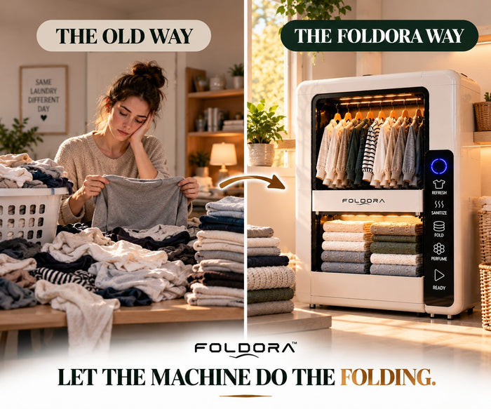 The old way of folding laundry compared with the FOLDORA way