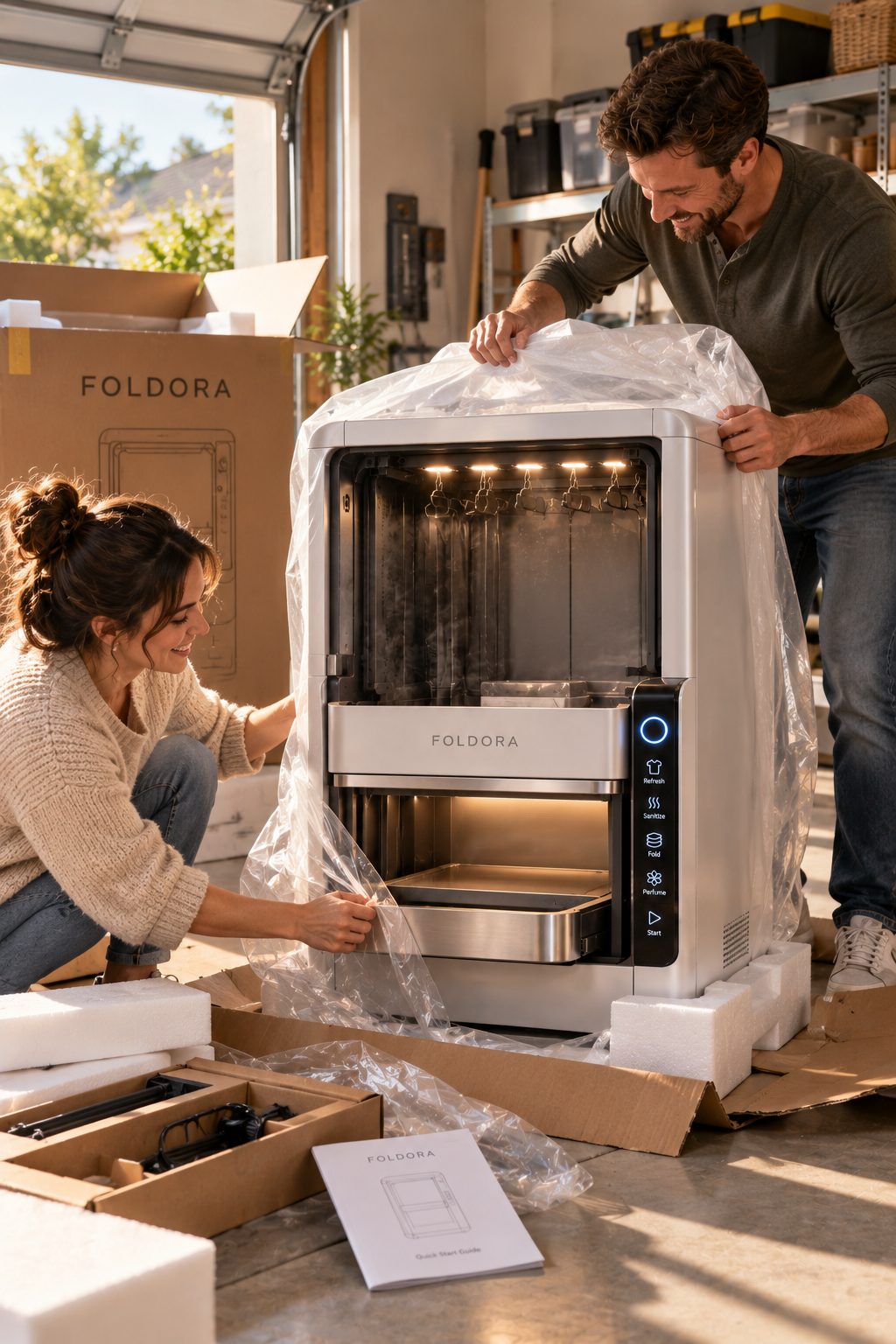 Couple unboxing a new white FOLDORA