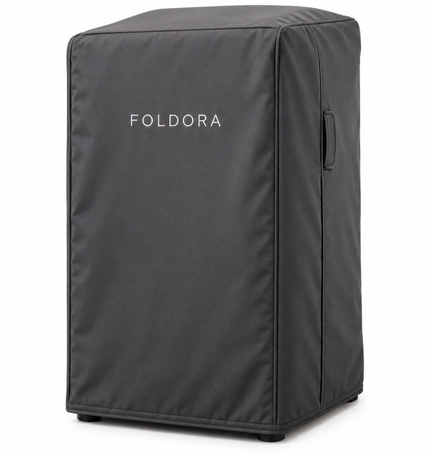 Black FOLDORA protective dust cover for the clothes folding machine