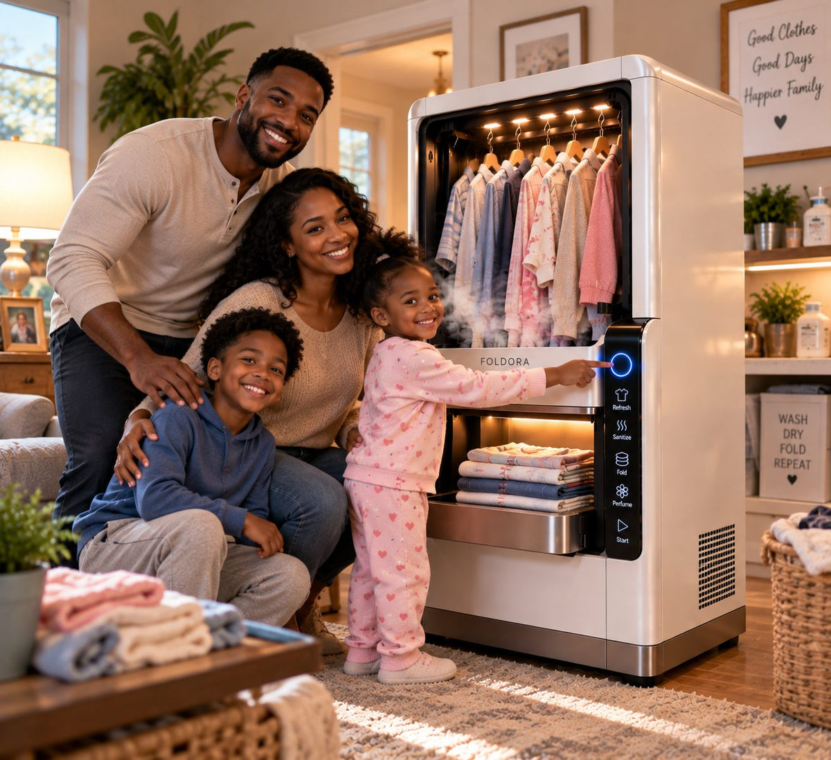 Family gathered around a white FOLDORA at home