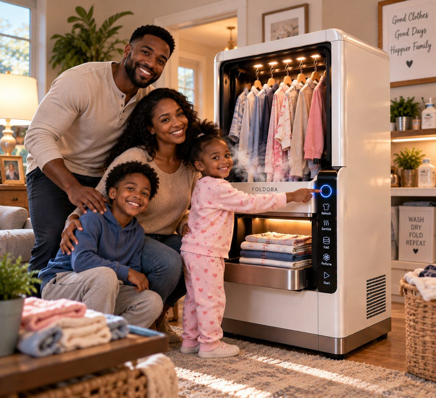 Family gathered around a white FOLDORA at home
