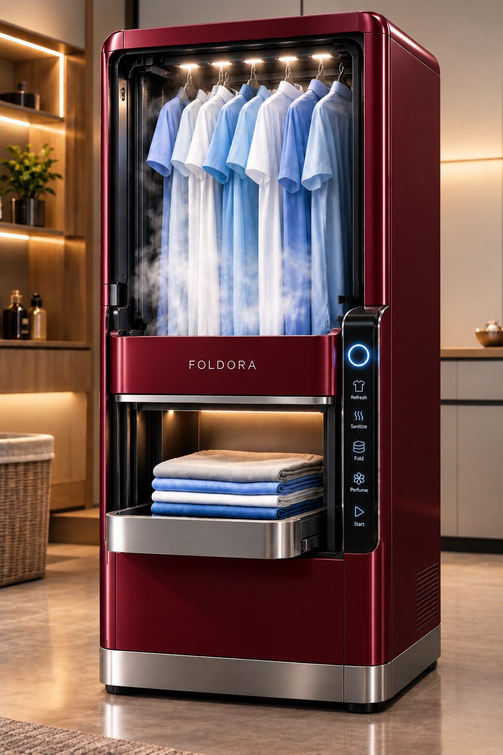 Burgundy FOLDORA refreshing shirts with folded clothes in the tray