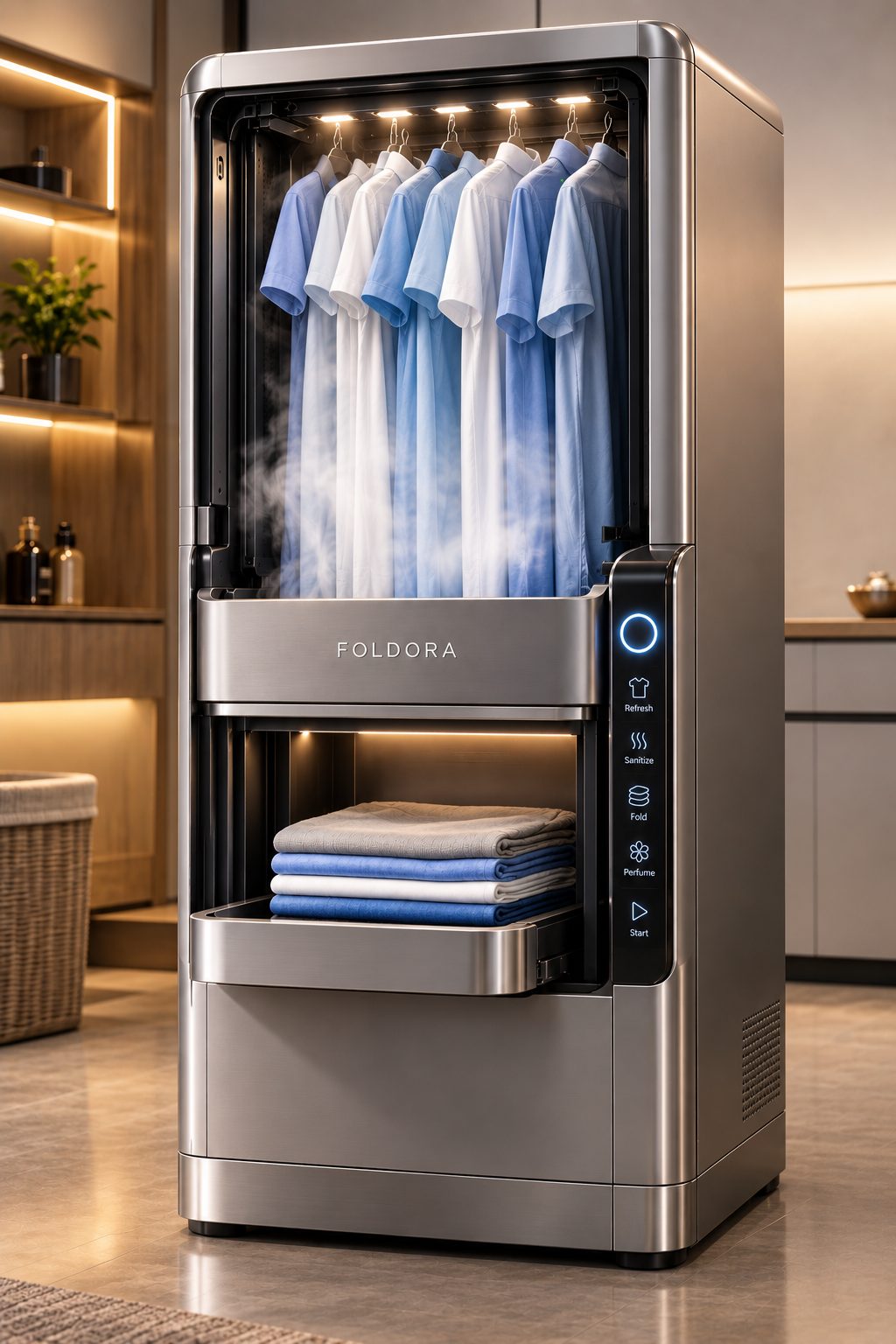 Stainless steel FOLDORA refreshing shirts with folded clothes in the tray