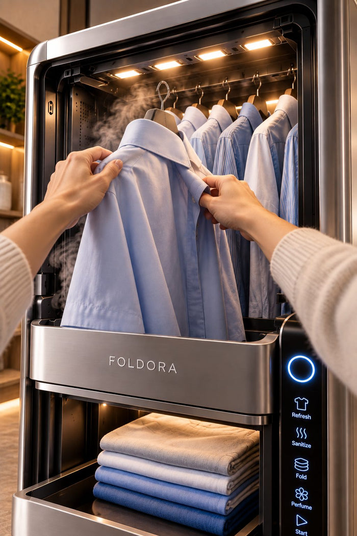 Hands hanging a shirt in the FOLDORA upper chamber