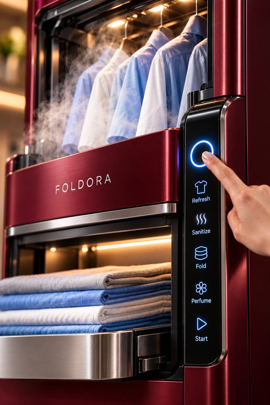 Finger pressing the FOLDORA control panel