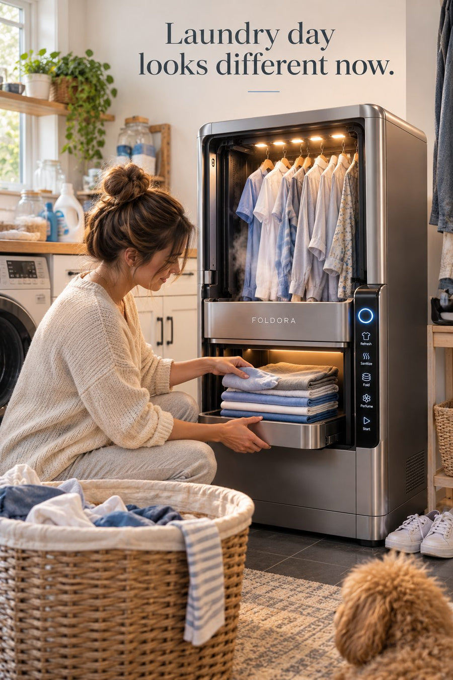 Woman taking folded clothes from a stainless steel FOLDORA