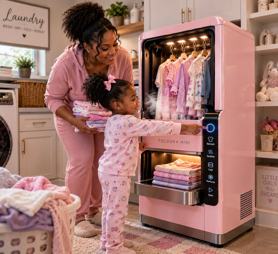 Mother and daughter using a pink FOLDORA Mini