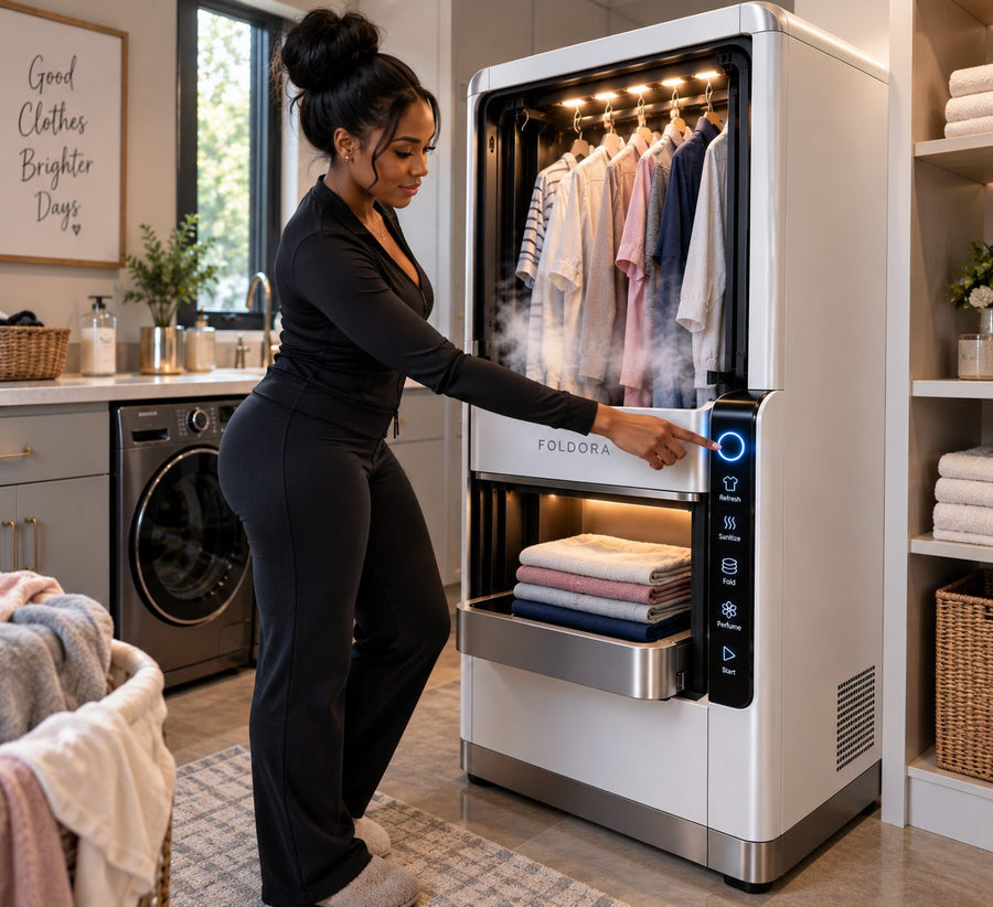 Woman starting a white FOLDORA in a laundry room