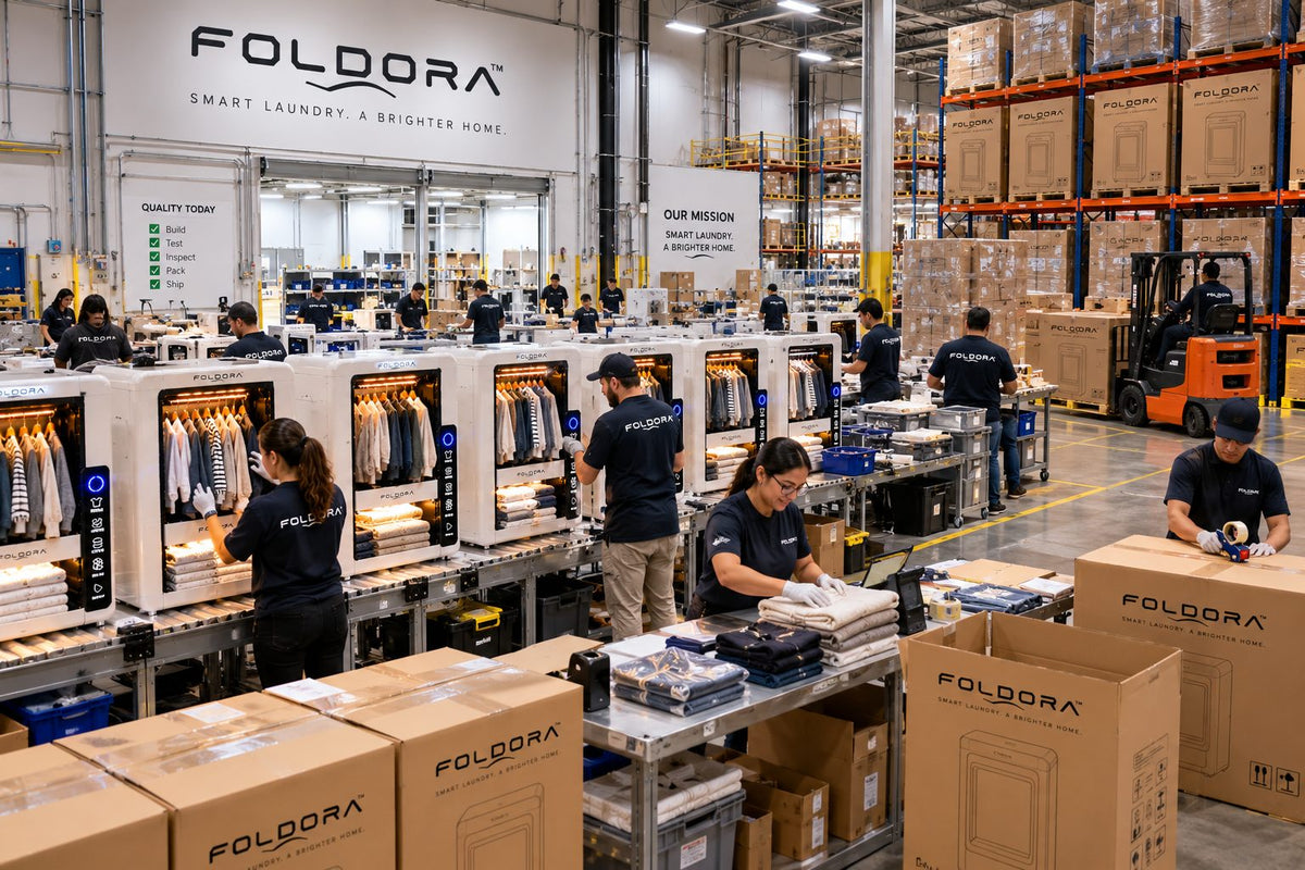 FOLDORA machines being prepared in a warehouse
