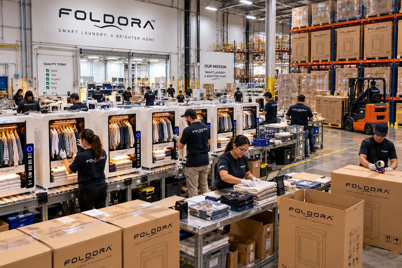 FOLDORA machines being prepared in a warehouse